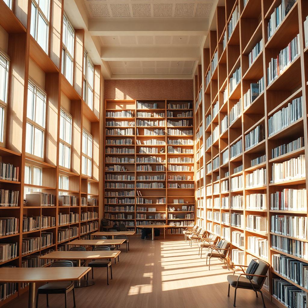 Sunlit study room with wooden bookshelves