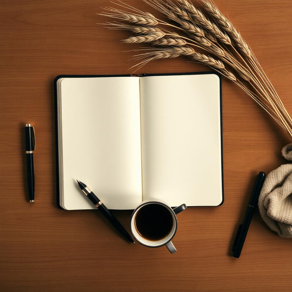 Open notebook and coffee on a wooden desk